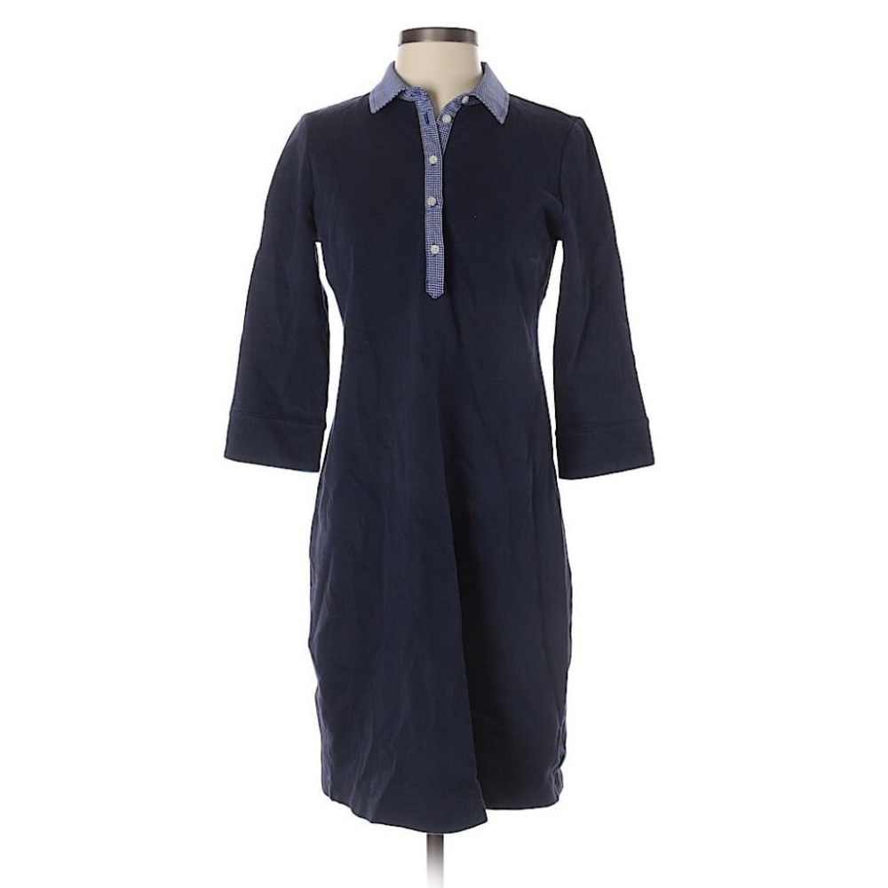 Talbots Navy pique' knit gingham trim cuffs & collar shirt dress size petite Med